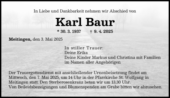Traueranzeige von Karl Baur von Augsburger Allgemeine
