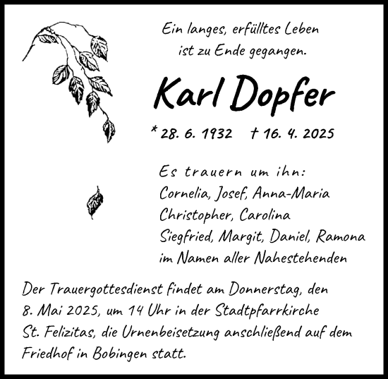 Traueranzeige von Karl Dopfer von Augsburger Allgemeine