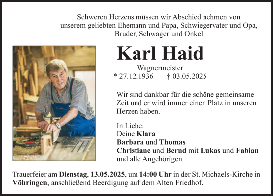 Traueranzeige von Karl Haid von Illertisser Zeitung