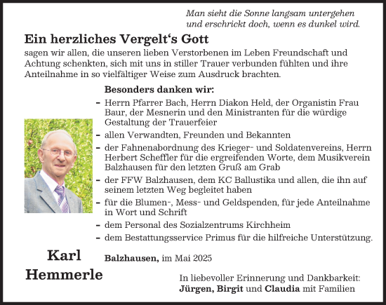 Traueranzeige von Karl Hemmerle von Mittelschwäbische Nachrichten