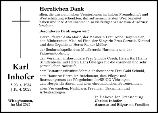 Traueranzeige von Karl Inhofer von Neu-Ulmer Zeitung