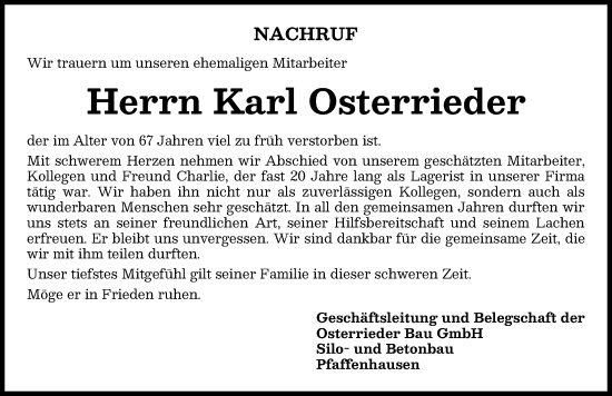 Traueranzeige von Karl Osterrieder von Mindelheimer Zeitung