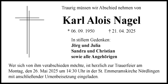 Traueranzeige von Karl Alois Nagel von Rieser Nachrichten