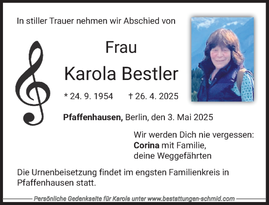 Traueranzeige von Karola Bestler von Mindelheimer Zeitung