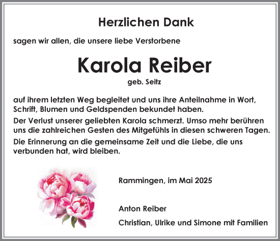 Traueranzeige von Karola Reiber von Mindelheimer Zeitung