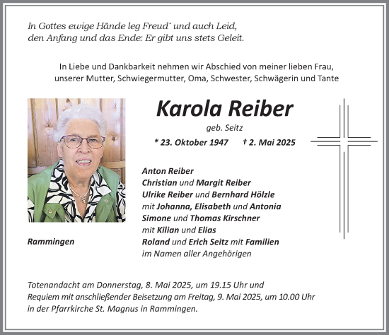 Traueranzeige von Karola Reiber von Mindelheimer Zeitung