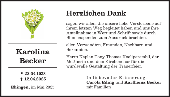 Traueranzeige von Karolina Becker von Augsburg-Land