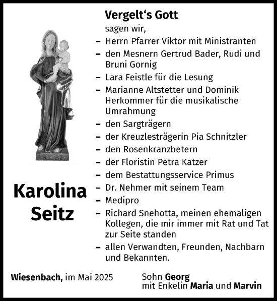 Traueranzeige von Karolina Seitz von Mittelschwäbische Nachrichten