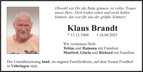 Traueranzeige von Klaus Brandt von Illertisser Zeitung