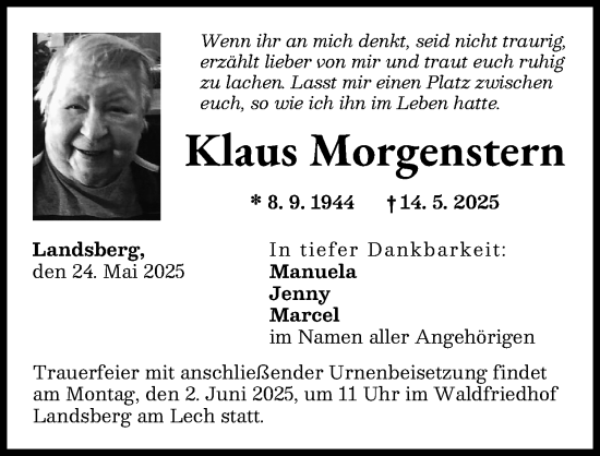 Traueranzeige von Klaus Morgenstern von Landsberger Tagblatt