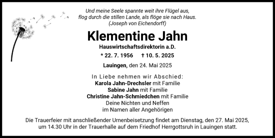 Traueranzeige von Klementine Jahn von Donau Zeitung
