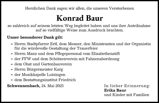 Traueranzeige von Konrad Baur von Donau Zeitung