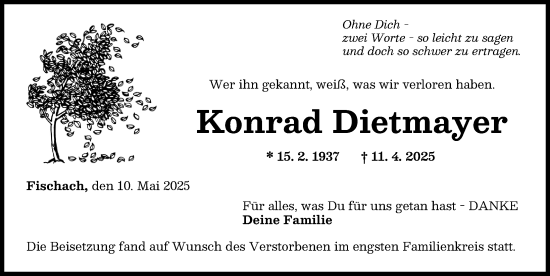 Traueranzeige von Konrad Dietmayer von Augsburger Allgemeine