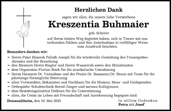 Traueranzeige von Kreszentia Buhmaier von Donau Zeitung