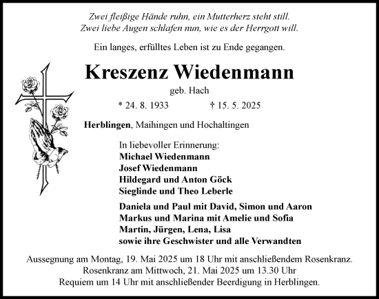 Traueranzeige von Kreszenz Wiedenmann von Rieser Nachrichten