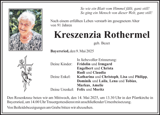 Traueranzeige von Kreszenzia Rothermel von Mittelschwäbische Nachrichten