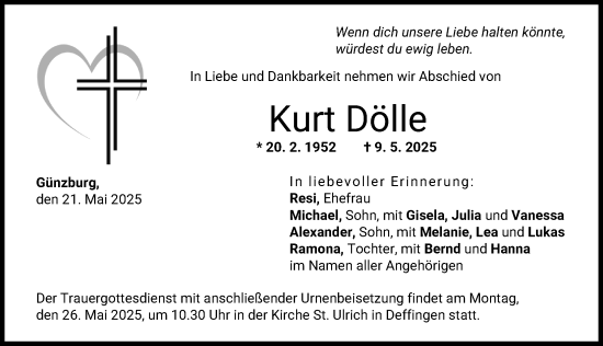 Traueranzeige von Kurt Dölle von Günzburger Zeitung