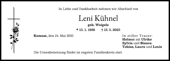 Traueranzeige von Leni Kühnel von Günzburger Zeitung, Mittelschwäbische Nachrichten