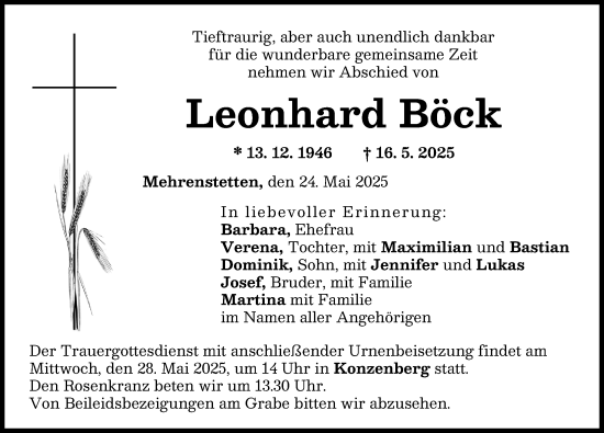 Traueranzeige von Leonhard Böck von Günzburger Zeitung