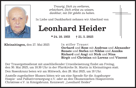 Traueranzeige von Leonhard Heider von Schwabmünchner Allgemeine
