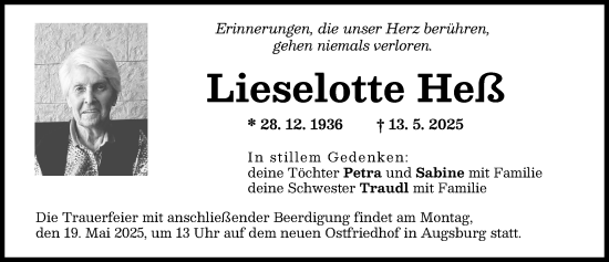 Traueranzeige von Lieselotte Heß von Augsburger Allgemeine