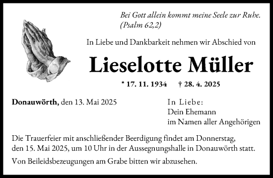Traueranzeige von Lieselotte Müller von Donauwörther Zeitung