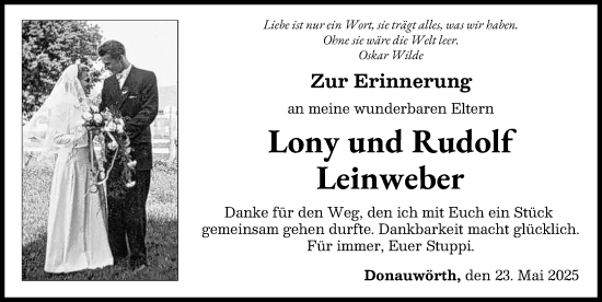 Traueranzeige von Lony und Rudolf Leinweber von Donauwörther Zeitung