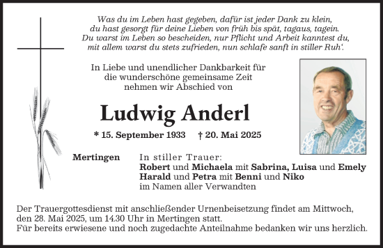 Traueranzeige von Ludwig Anderl von Donauwörther Zeitung