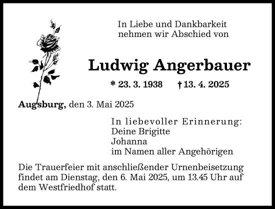 Traueranzeige von Ludwig Angerbauer von Augsburger Allgemeine