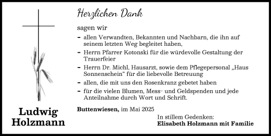 Traueranzeige von Ludwig Holzmann von Wertinger Zeitung