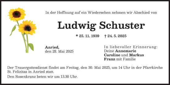 Traueranzeige von Ludwig Schuster von Augsburger Allgemeine