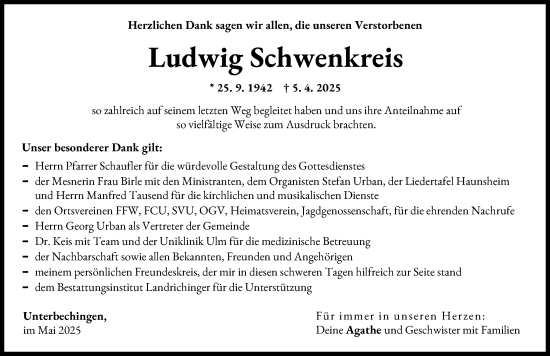 Traueranzeige von Ludwig Schwenkreis von Donau Zeitung