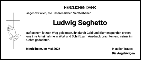 Traueranzeige von Ludwig Seghetto von Mindelheimer Zeitung