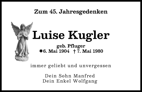Traueranzeige von Luise Kugler von Augsburger Allgemeine