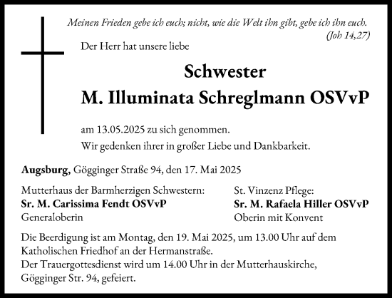 Traueranzeige von M. Illuminata Schreglmann von Augsburger Allgemeine