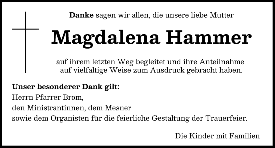 Traueranzeige von Magdalena Hammer von Illertisser Zeitung