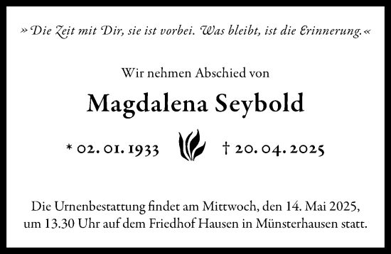 Traueranzeige von Magdalena Seybold von Mittelschwäbische Nachrichten