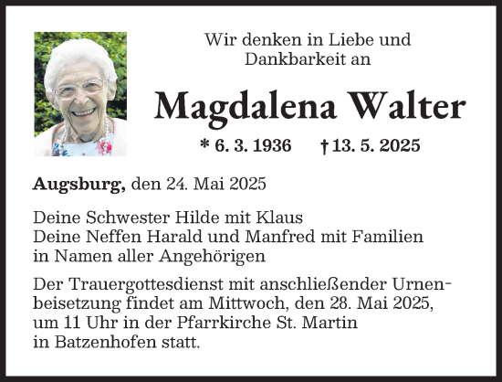 Traueranzeige von Magdalena Walter von Augsburger Allgemeine