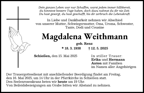 Traueranzeige von Magdalena Weithmann von Illertisser Zeitung, Neu-Ulmer Zeitung