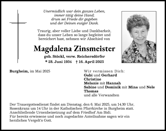 Traueranzeige von Magdalena Zinsmeister von Neuburger Rundschau