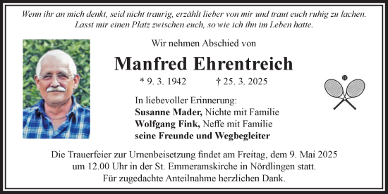Traueranzeige von Manfred Ehrentreich von Rieser Nachrichten