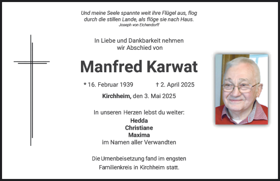 Traueranzeige von Manfred Karwat von Mindelheimer Zeitung