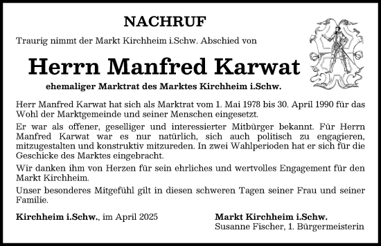 Traueranzeige von Manfred Karwat von Mindelheimer Zeitung