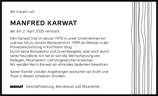 Traueranzeige von Manfred Karwat von Mindelheimer Zeitung