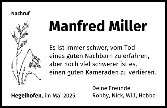 Traueranzeige von Manfred Miller von Neu-Ulmer Zeitung
