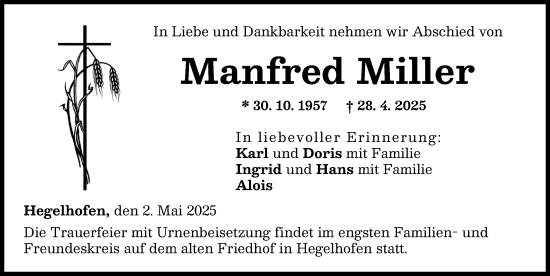 Traueranzeige von Manfred Miller von Neu-Ulmer Zeitung