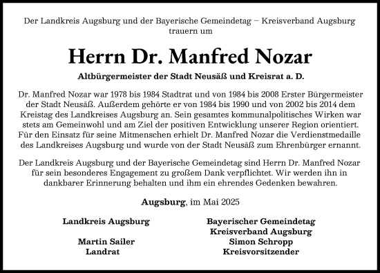 Traueranzeige von Manfred Nozar von Augsburg-Land