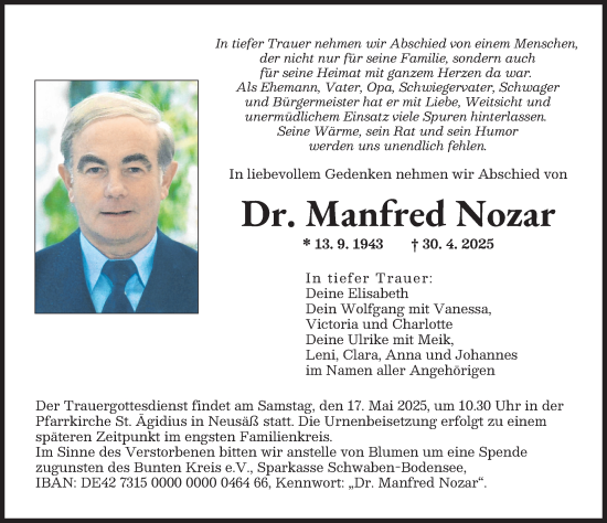 Traueranzeige von Manfred Nozar von Augsburger Allgemeine