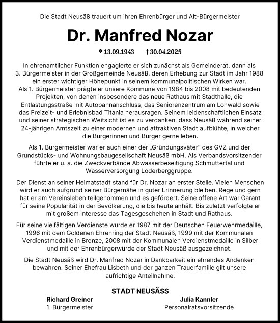 Traueranzeige von Manfred Nozar von Augsburger Allgemeine