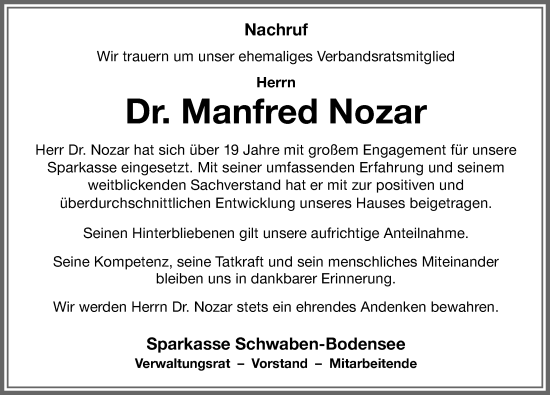Traueranzeige von Manfred Nozar von Augsburger Allgemeine